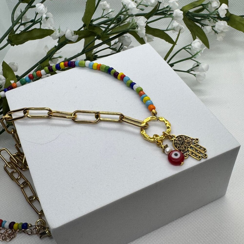 Rainbow Beaded Necklace with Gold Chain • Hamsa Hand & Evil Eye Charm Necklace